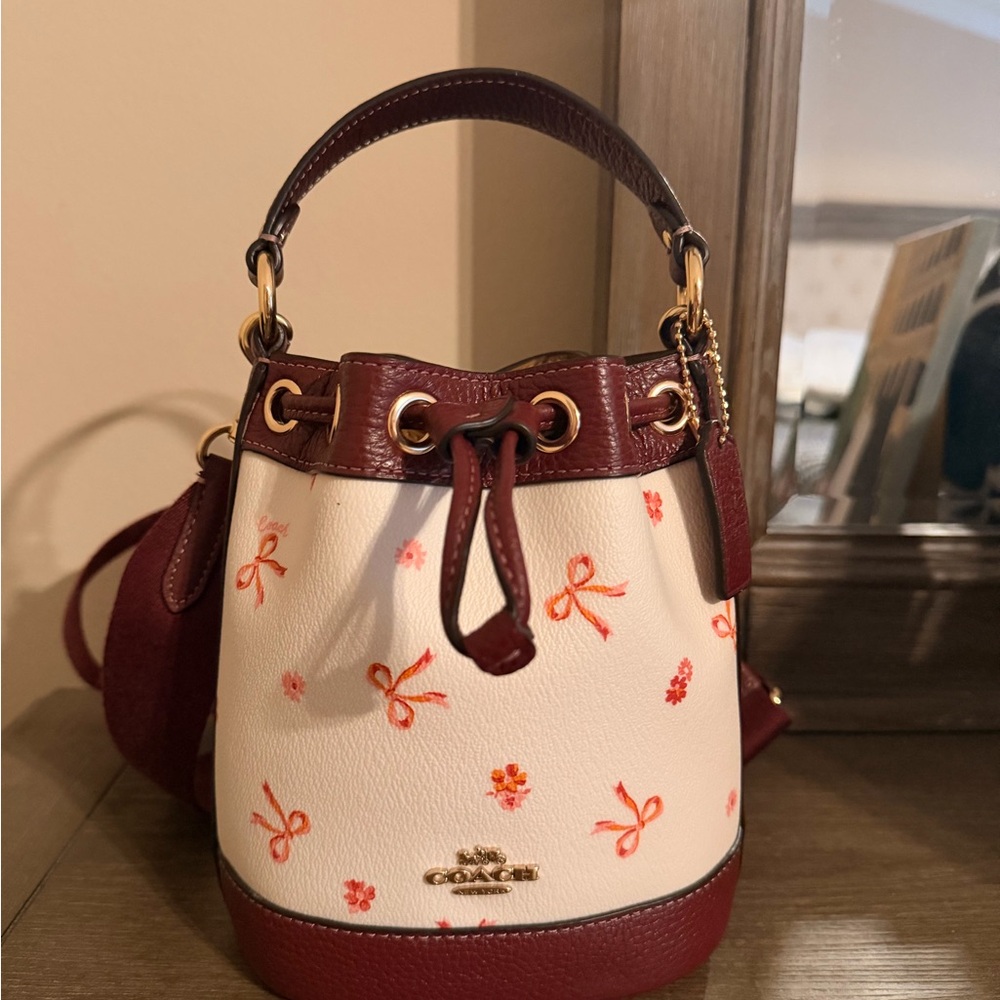 Coach Burgundy and White Mini Bag with Floral Design